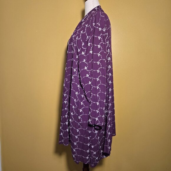 Roaman's Women Purple Long Cardigan Duster Purple Floral Rayon 34W 5-3687-0 Flow - Picture 3 of 9